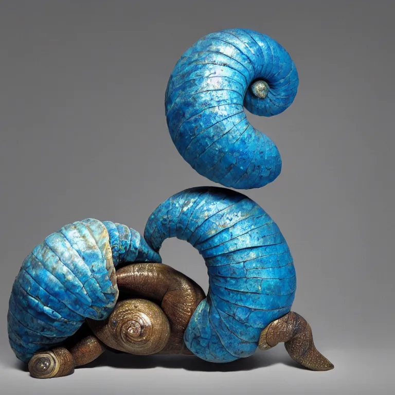 Prompt: hyperrealistic sculpture of a bronze fossilized snail ammonite dusted with blue spraypaint on a pedestal by ron mueck and duane hanson and lee bontecou, hyperrealistic dramatic colored lighting trending on artstation 8 k
