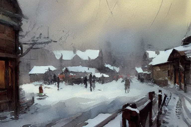 Prompt: small miniature art on watercolor paper, paint brush strokes, abstract watercolor painting of western town, snowy weather, winter, american frontier, midday sharp light, dust, cinematic light, american romanticism by hans dahl, by jesper ejsing, by anders zorn, by greg rutkowski, by greg manchess, by tyler edlin