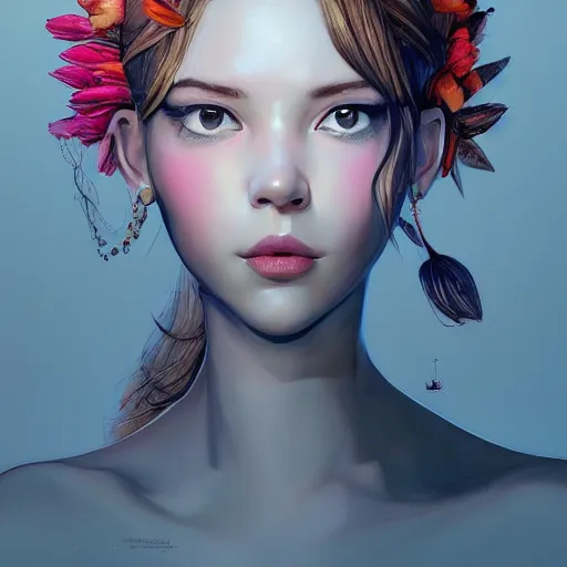 Image similar to the portrait of an absurdly beautiful, graceful, elegant young woman made of bananas and petals looking up, an ultrafine detailed illustration by kim jung gi, irakli nadar, intricate linework, bright colors, octopath traveler, final fantasy, angular, unreal engine 5 highly rendered, global illumination, radiant light, detailed and intricate environment