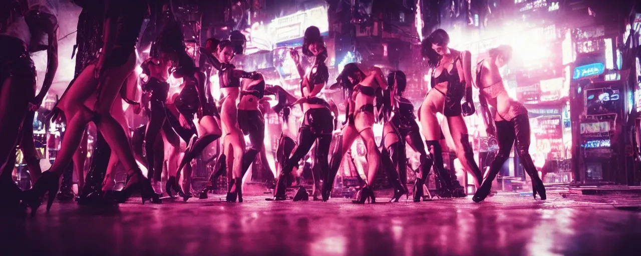 Prompt: gangster in cyberpunk night adult club, 3 5 mm, show. girls dancing, low angle, blade runner, akira, cinematic angle, cinematic lighting, reflections, action, fight