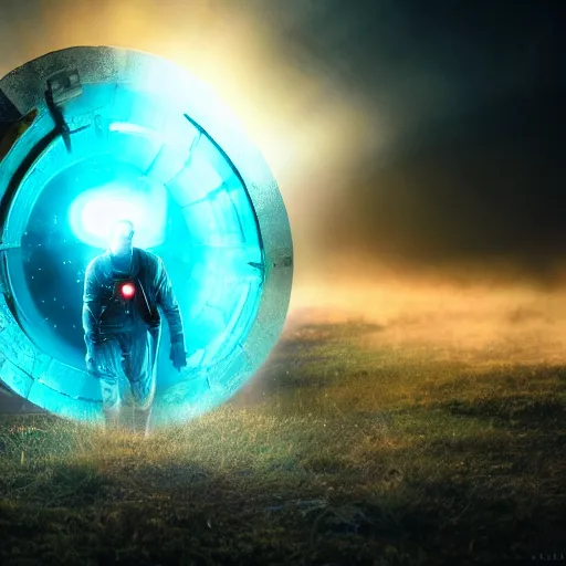 Prompt: sci-fi time traveler, entering through a portal into another dimension, hdr, glowing, misty soft, sunset, Chris Nolan cinematography style, dark, cinematic, cinema lighting, highly detailed, ultra realistic, cinematic lighting, 8k