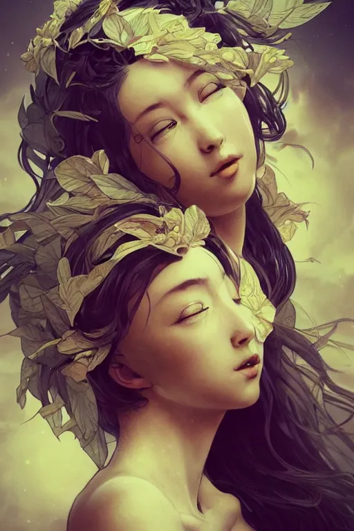 Prompt: character bust portrait, zero gravity floating in the wind, a seductive praying goddess in the style of artgerm, wlop, greg rutkowski, alphonse mucha and ayami kojima, realistic details, volumetric lighting, very very very very beautiful symmetrical face, trending on artstation, artstationhd, artstationhq, unreal engine, 4 k, 8 k