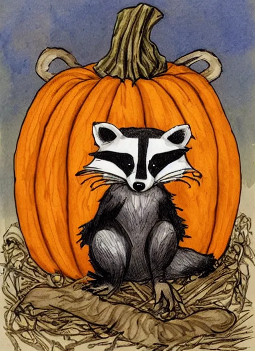 Image similar to halloween pumpkin in the shape of a raccoon by Rebecca Guay art, high quality, highly detailed,