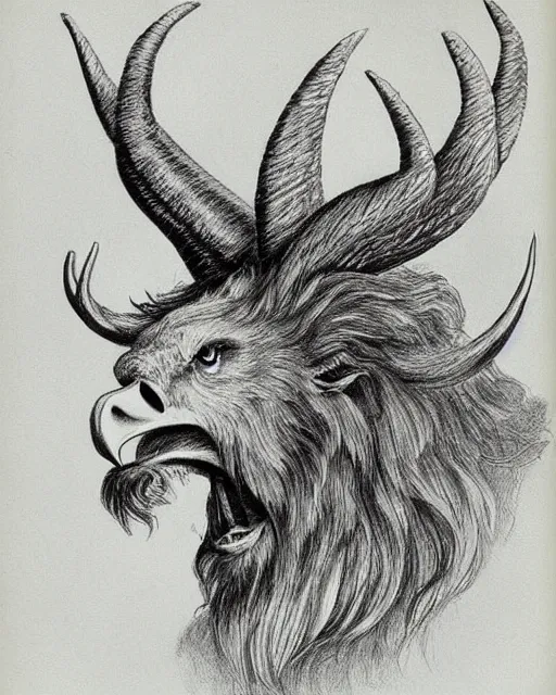 Image similar to human / eagle / lion / ox hybrid with two horns, one beak, mane and human body. drawn