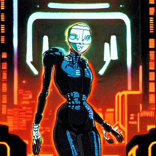 Prompt: bladerunner women wearing a black or orange jumpsuit and a biomechanical mask with glowing eyes in the style of akira, dynamic pose, smooth, sharp focus, hat lines, filmgrain, zeiss lens, 9 0 s anime,