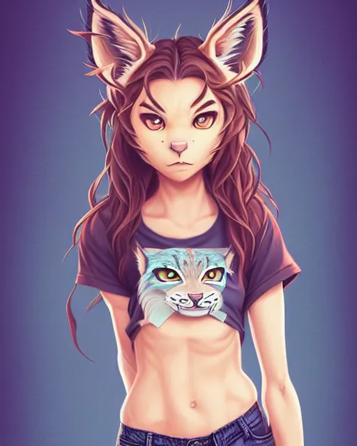 Prompt: fullbody portrait of half - lynx woman with lynx nose and ears, wearing summer jeans shorts and tshirt, anime art, concept art, detailed attractive face, symmetrical, trending on pixiv, by lois van baarle by sung choi by john kirby artgerm style pascal blanche and magali villeneuve