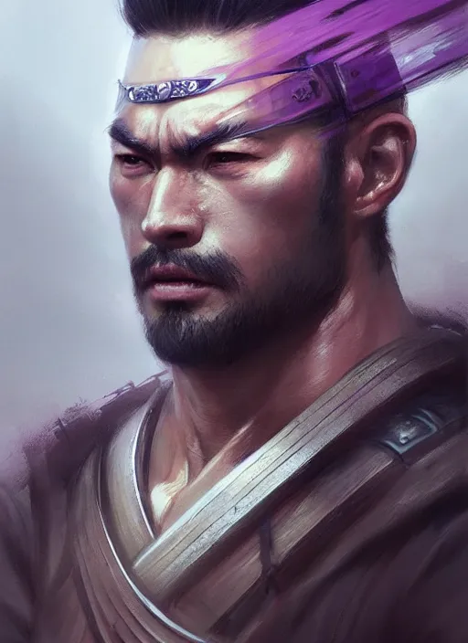 Prompt: highly detailed face portrait of a handsome and muscular samurai, square masculine facial features, short messy hair, katana, surrounded by fog, art by greg rutkowski and artgerm and peter mohrbacher, centered, intricate, samurai, concept art, purple color palette, digital painting, trending on artstation, smooth, sharp focus, vibrant colors