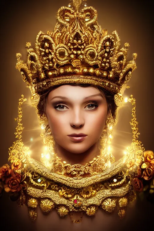 Image similar to beautiful face, gold ornaments around face, crown, flowers in the background, gold beam behind, cinematic lighting, hyper realism,