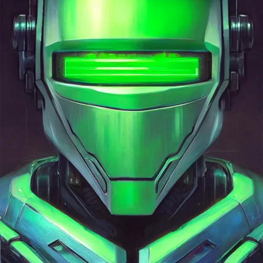 Image similar to robot with glowing green visor as a realistic scifi cyberpunk knight, closeup portrait art by donato giancola and greg rutkowski, realistic face, digital art, trending on artstation, symmetry!!!