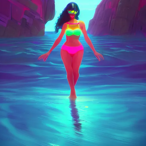 Image similar to neon bikini woman in the ocean | hyperrealistic digital painting by makoto shinkai, ilya kuvshinov, lois van baarle, rossdraws | afrofuturism in the style of hearthstone and overwatch, trending on artstation