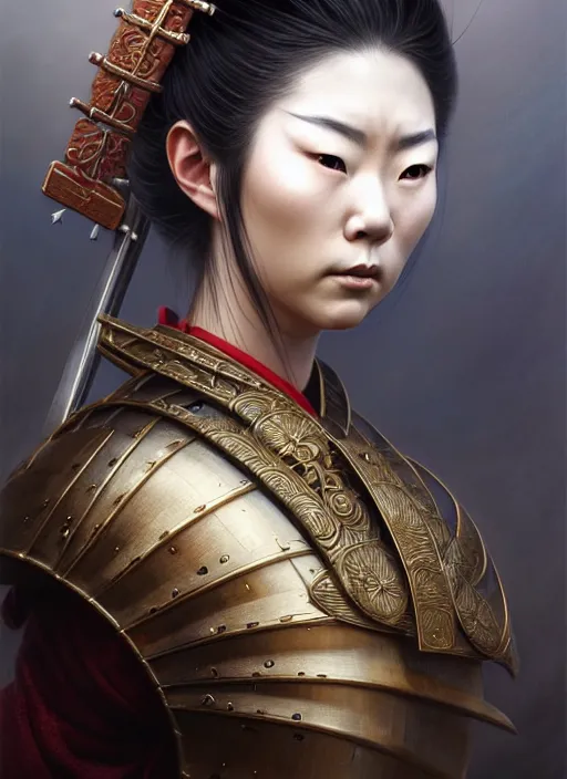 Image similar to portrait shot of a female samurai holding a sword next to her face, intricate, elegant, highly detailed, centered, digital painting, artstation, concept art, smooth, sharp focus, illustration, artgerm, tomasz alen kopera, peter mohrbacher, donato giancola, joseph christian leyendecker, wlop, boris vallejo