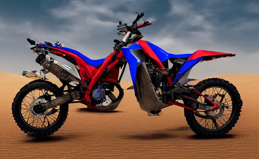 Prompt: prototype of dakar motorbike, dakar race, sand and desert in background, symmetrical mechanical features, off - road, designed by professional, fog and dirt, industrial design, brushed red and blue paint, hard surfaces modelling, dramatic lighting, hyper realistic rendering, octane, depth of field, bokeh effect, 4 k