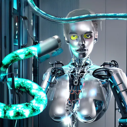 Image similar to the torso of fully a mechanical terminator lady with borg implants, human face and robotic snakes coming out of her head is hanging from cables and wires off the ceiling of an futuristic computer lab and plugged into a quantum computer. Her bottom half is missing with cables hanging out. She is taking a sip from a cup of coffee. Tiny green led lights in her cybernetics. very detailed 8k. Cyberpunk horror style.