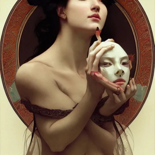 Image similar to beautiful woman with a skull for a face, intricate, art by artgerm and greg rutkowski and alphonse mucha and william - adolphe bouguereau, high detailed, 4 k,