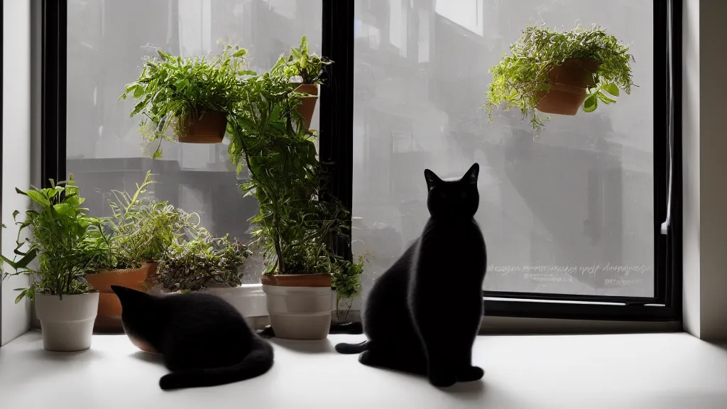 Image similar to peaceful dreamy matte painting of a content black cat sitting by a window and looking outside, sunshine coming through the window, small plants on the window sill, 8k, hyper realism, trending on artstation, octane render