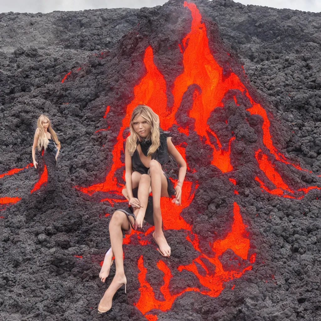 Image similar to fashion portrait in volcano lava eruption.