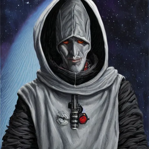 Prompt: tall thin gray - skinned brooding space elf in hooded long dark cloak, on space station, highly detailed, mike mignogna, comic book, dark tones, dark, rough paper, oil painting