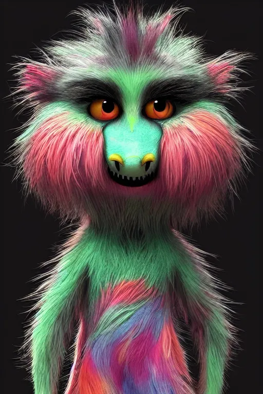 Prompt: 3 d model of a cute sinister vibrant colored creature with long fur and souless eyes by alexander jansson : 1 | centered, psychedelic, colorful, matte background : 0. 9 | by jim henson : 0. 7 | dave melvin : 0. 4 | unreal engine, deviantart, artstation, octane, finalrender, concept art, hd, 8 k resolution : 0. 8
