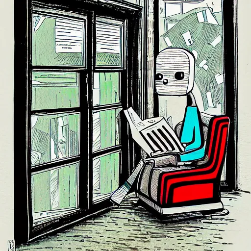 Image similar to robot reading the newspaper in his armchair in the background books near a window by Pablo piccaso