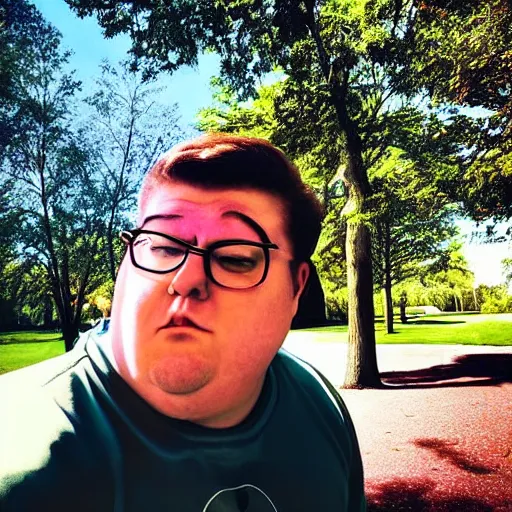 Prompt: modern color fine details iphone 1 2 pro selfie photograph of peter griffin taking a selfie in a park on an iphone 1 2 pro, peter griffin, modern hd cell phone photograph in color, instagram