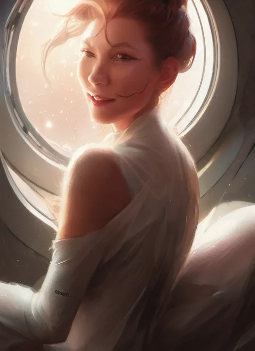 Image similar to woman sitting on a spaceship window, beautiful detailed dress, close face!!!! portrait, beautiful hot model girl, smiling, by artgerm, by wlop, by greg rutkowski, octane render, digital art