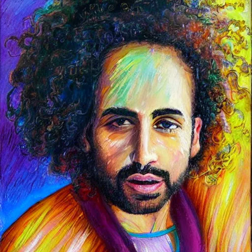 Image similar to arab man with long curly hair skydiving, pastel colors, oil painting, dreamy