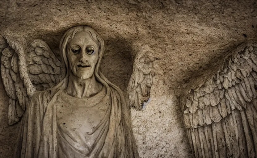Image similar to decrepit creepy statue of the archangel gabriel staring at the camera, alone in a cavernous dark old catacomb, realistic, pitch black, depth of field, wide shot, sinister, bad lighting, foreboding, blurry, grainy photo
