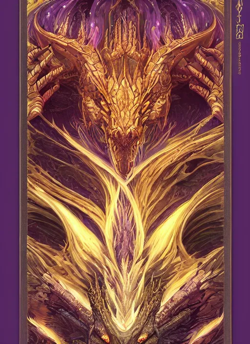 Prompt: octane render, a hyper detailed octane render tarot card of portrait of dragon, by xision, dan mumford and kerem beyit, sandara tang ， ellen jewett, sacred ; cloud, silk,, sacred, religion, artstation, magnificence, shimmer, purple detail, mysterious, gold paper with detailed line work, golden ratio