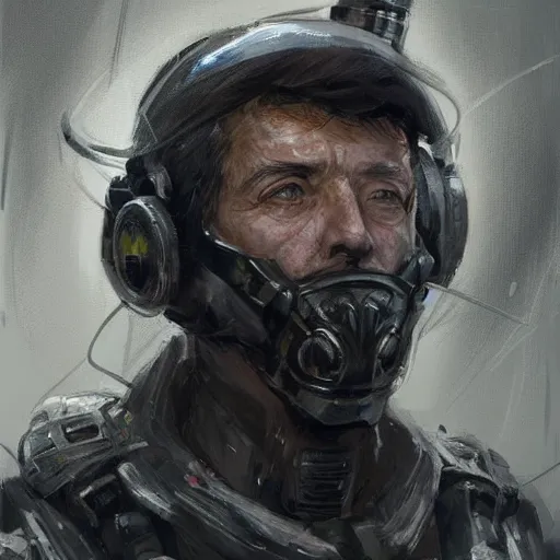 Image similar to Portrait of a man by Greg Rutkowski, he is about 60 years old, short black hair with bangs, his features are a mix between French, Turkish and Russian, dying, expression of epiphany and realization, he is wearing a futuristic tactical gear, highly detailed portrait, digital painting, artstation, concept art, smooth, sharp foccus ilustration, Artstation HQ.