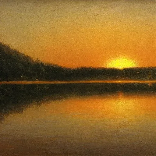 Image similar to painting of the sun setting over a lake, a photorealistic painting by pierre toutain - dorbec, deviantart, hudson river school, detailed painting, oil on canvas, hyper - realism