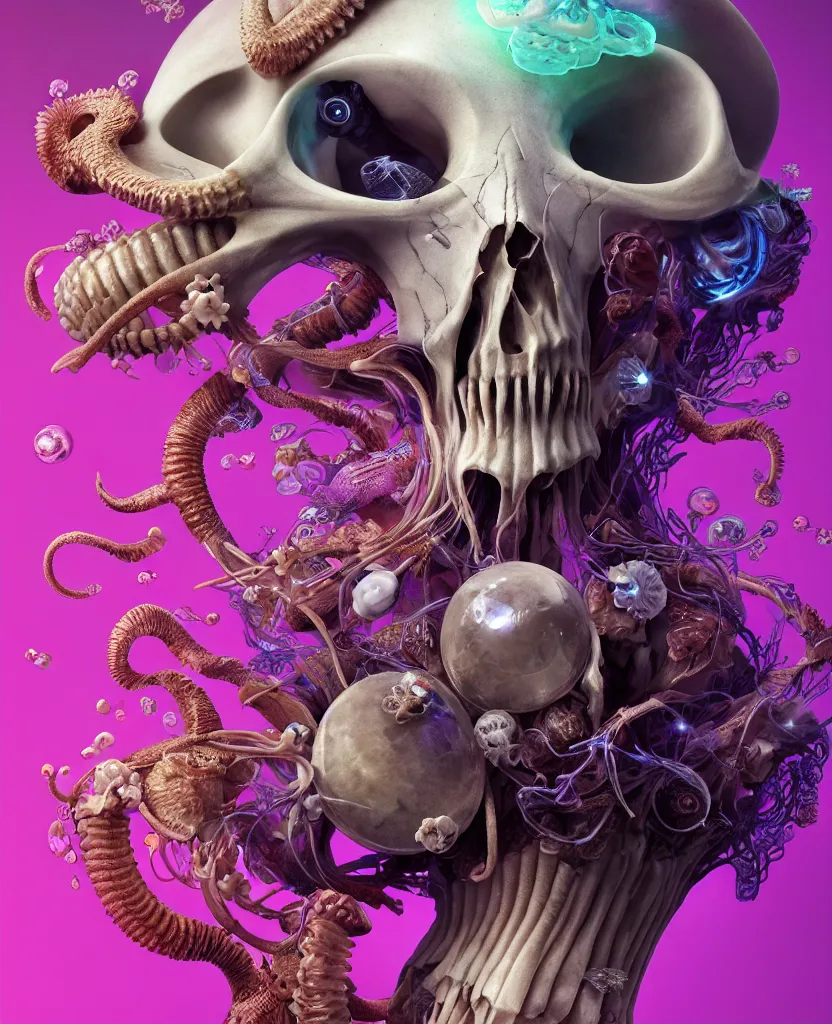 Image similar to goddess close-up portrait ram skull, thorax, x-ray, backbone, jellyfish phoenix head, nautilus, orchid, skull, betta fish, bioluminiscent creatures, intricate artwork by Tooth Wu and wlop and beeple. octane render, trending on artstation, greg rutkowski very coherent symmetrical artwork. cinematic, hyper realism, high detail, octane render, 8k