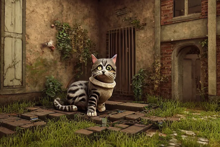 Image similar to Broken cyborg cat sitting on old courtyard with mud and an old playground between two soviet five-storey overgrown with ivy panel houses, high details, cinematic, 8k resolution, beautiful detailed, insanely intricate details, artstation trending, rule of third, octane render, unreal engine