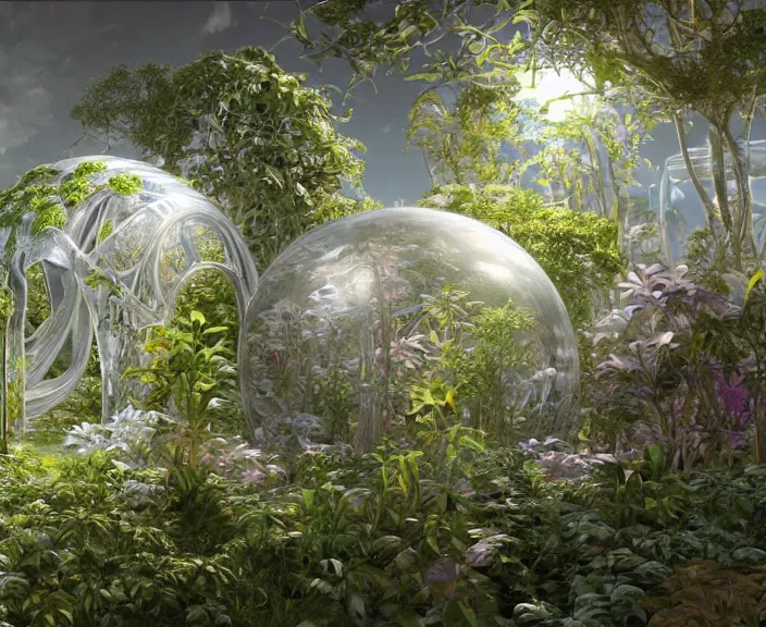 Image similar to transparent clear see - through image of twisting robots, lush botany, floral environment, ultra realistic, concept art, minimalism, photorealistic, octane render, 8 k, unreal engine. art by gustave dore and nori inoguchi and sam kaplan and zachary goulko and christopher marley and artgerm and alphonse mucha