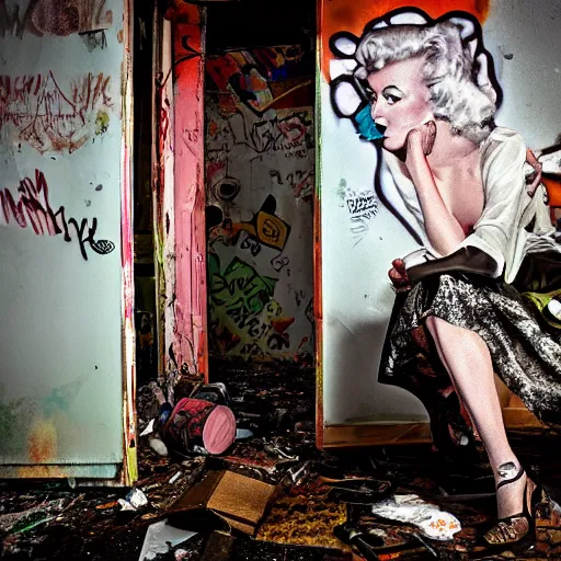 Image similar to marlin monroe inside a derelict house, graffiti, trash, mystery, flashlight,