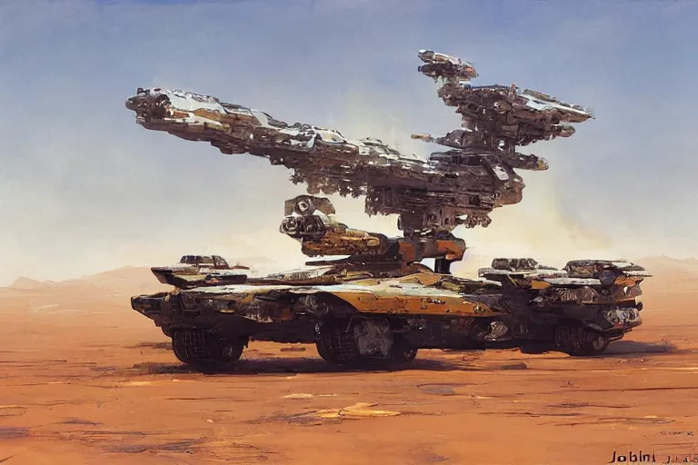 Prompt: a futuristic troop transport with eight wheels and a huge laser cannon on top driving across a vast desert, painting by john berkey
