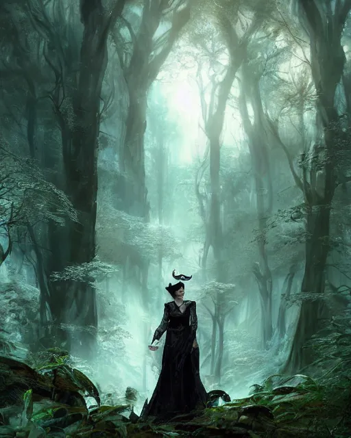 Image similar to sarah bolger as dnd elf with black hair black dress as pathfinder in a nebula forest by greg rutkowski, high key lighting, volumetric light, digital art, highly detailed, fine detail, intricate, ornate, complex, octane render, unreal engine, photorealistic digital painting, artstation, concept art, sharp focus, art by greg rutkowski and alphonse mucha