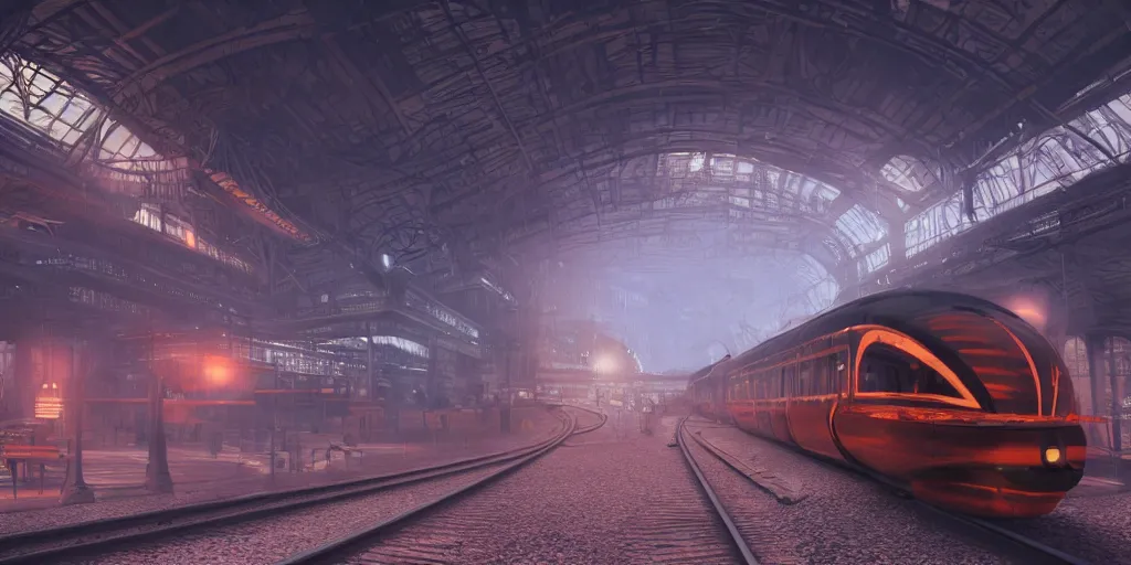 Image similar to futuristic steampunk train in railstation, stunning volumetric lighting, sundown, trending on Artstation, 8k, photorealistic, hyper detailed, unreal engine 5, cinematic, epic lighting, cryengine, octane render, cyberpunk, red and orange glow