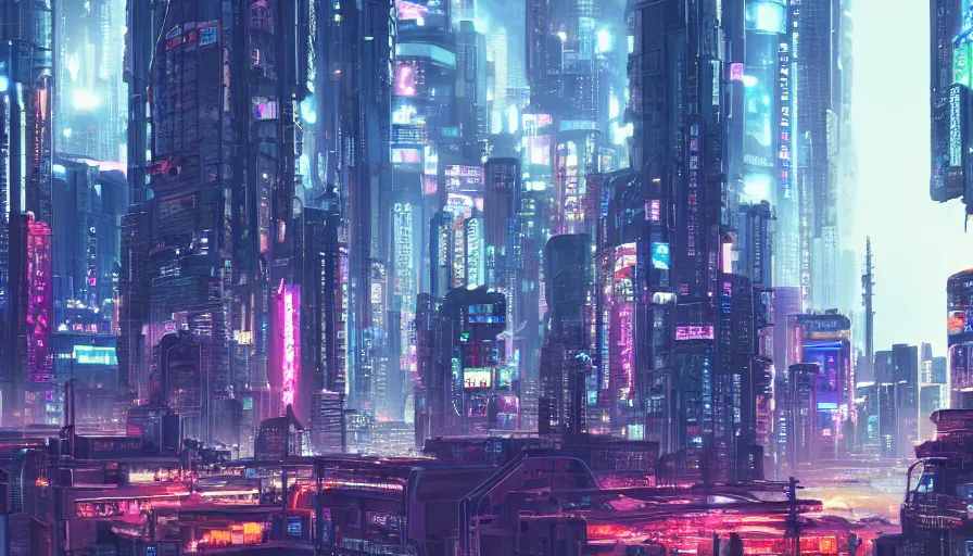 Image similar to A beautiful picture of an establishing shot of a cyberpunk neo tokyo cityscape by Sergey Vasnev and square pictures , trending on artstation