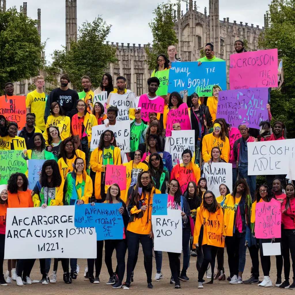 Image similar to a group of racially diverse students wearing bright clothing stand in front of the Cambridge University architecture studio, holding a sign with the words ARCSOC 2022–23