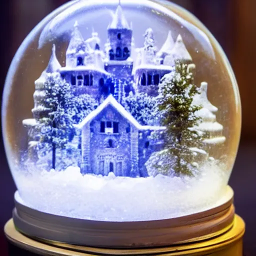 Image similar to A snowglobe is on display with a castle inside.