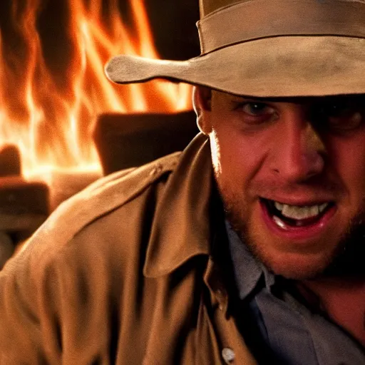 Image similar to Jonah Hill as indiana jones in raiders of the lost ark, 8k resolution, full HD, cinematic lighting, award winning, anatomically correct