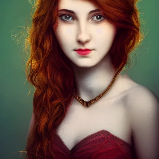 Prompt: half headshot of a young beautiful woman half turned to the viewer, tired face, almost smiling, young , Pre-Raphaelite, 4k, cinematic, trending on art station, waiting, green,red, golden shades