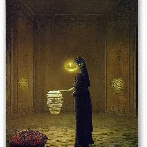 Prompt: A body art. A rip in spacetime. Did this device in her hand open a portal to another dimension or reality?! linen, lemon chiffon by John Atkinson Grimshaw chaotic, turbulent