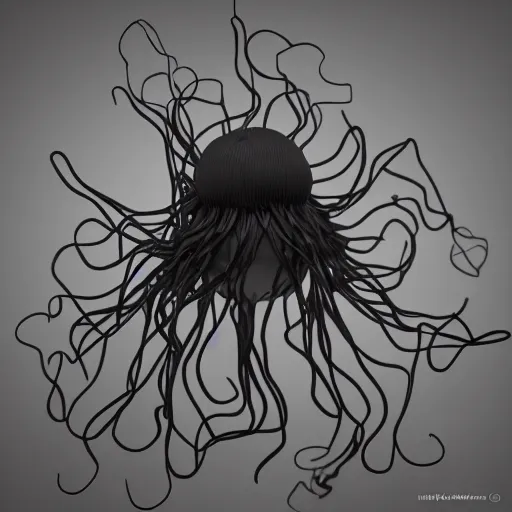 Image similar to cute fumo plush of a vantablack jellyfish girl with hundreds of tendrils, vray, black and white