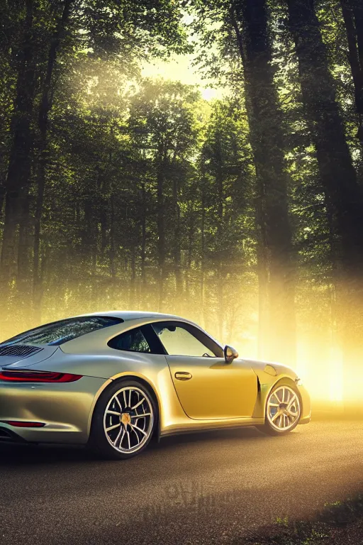 Image similar to Phot of a Porsche 911 Carrera 3.2 parked on a road, forest in the background, volumetric lighting, golden hour, fog, award winning, highly detailed, photo print.