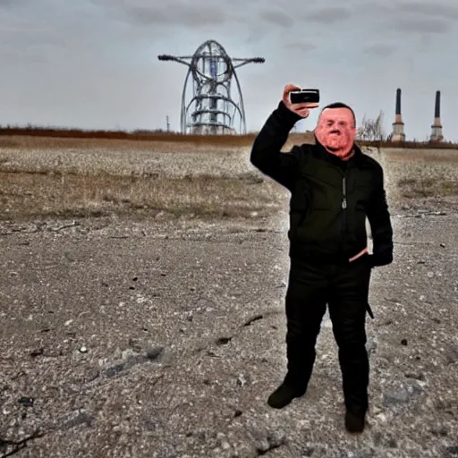 Image similar to last selfie of last alive funny scared ukrainian very damaged body to bones, bleeding crawling from nuclear rockets and nuke explossions, big nuclear explosion and nuke missles at background getting close,