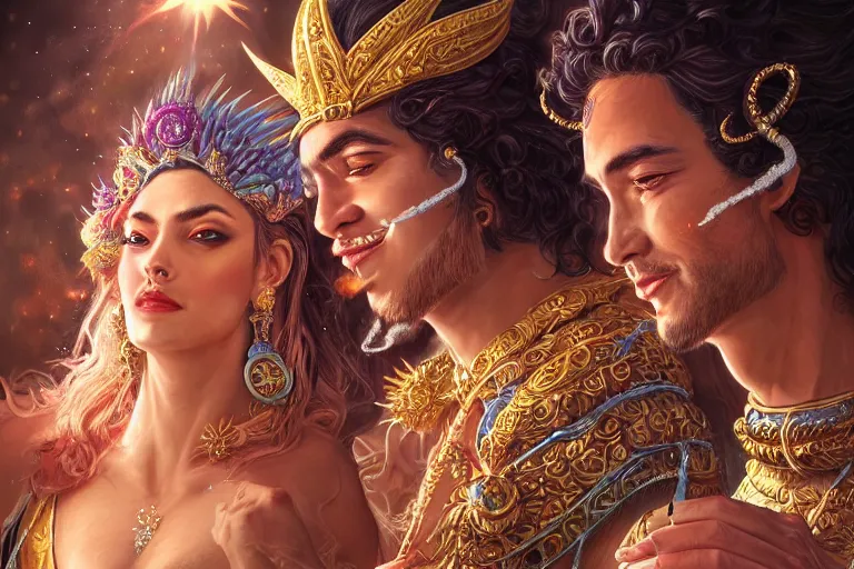 Image similar to close up moment of a divine a sun god and a moon goddess lovers magician at a wedding banquet, highly detailed, d & d, fantasy, highly detailed, digital painting, trending on artstation, concept art, sharp focus, illustration, art by artgerm and greg rutkowski and magali villeneuve