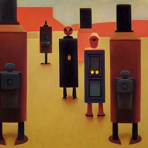 Prompt: queue of super - intelligent robots with kind eyes portrait, grant wood, pj crook, edward hopper, oil on canvas