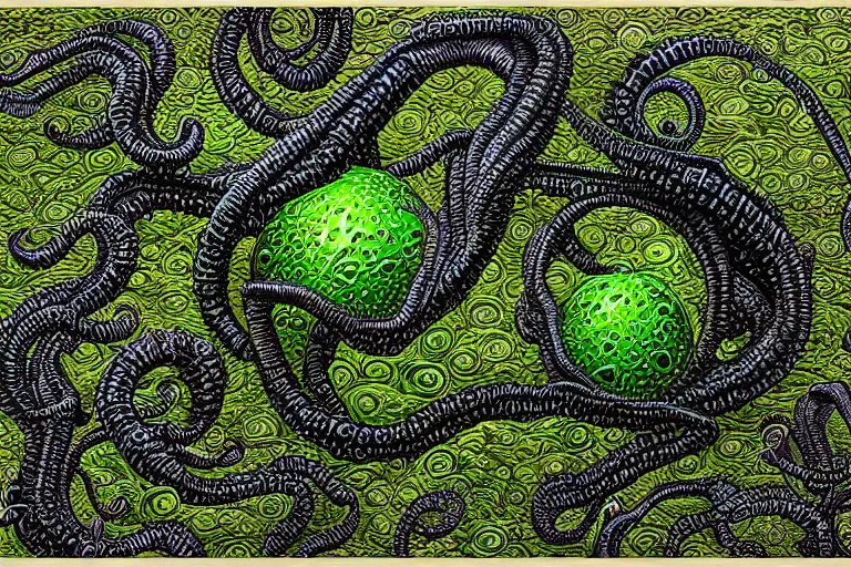 Prompt: lovecraftian eldritch monster made of limes by ed binkley. 8 k intricate details hypermaximalist 2 d