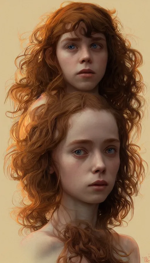 Image similar to Sophia Lillis, long hair, sweaty, insane, intricate, highly detailed, digital painting, artstation, concept art, smooth, sharp focus, illustration, Unreal Engine 5, 8K, art by artgerm and greg rutkowski and alphonse mucha